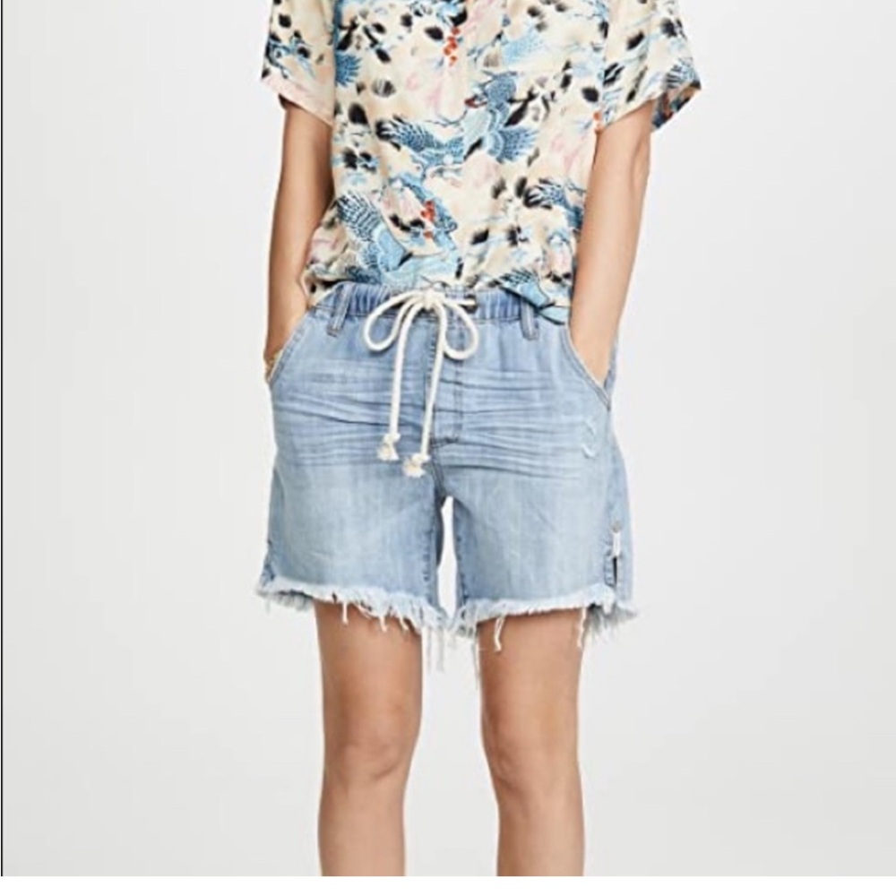 One Teaspoon Drawstring pull on Blue Jean Shorts with Distressed Hem